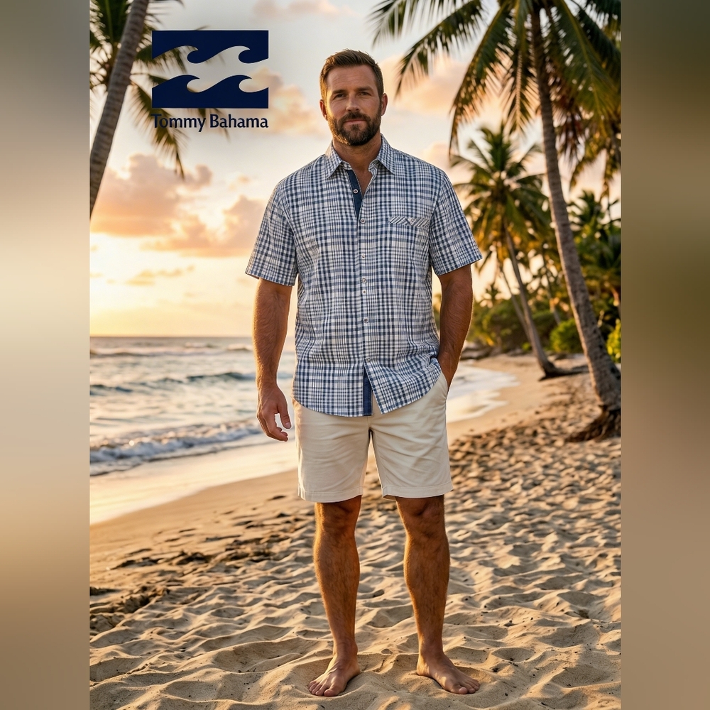 New Tommy Bahama Men's Blue And White Cotton Shirt. Large.